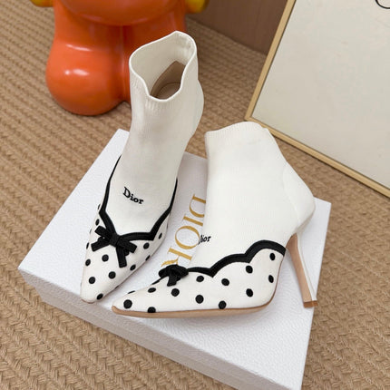 DIOR 26S POINTED TOE HIGH HEEL ANKLE BOOTS IN WHITE KNIT FABRIC WITH BLACK POLKA DOTS