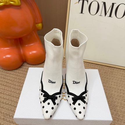 DIOR 26S POINTED TOE HIGH HEEL ANKLE BOOTS IN WHITE KNIT FABRIC WITH BLACK POLKA DOTS