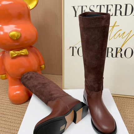 DIOR 26S KNEE HIGH BOOTS IN BROWN CALFSKIN AND SUEDE WITH EMBROIDERED LOGO