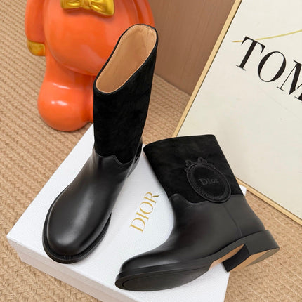 DIOR 26S MID CALF BOOTS IN BLACK CALFSKIN AND SUEDE WITH EMBROIDERED LOGO