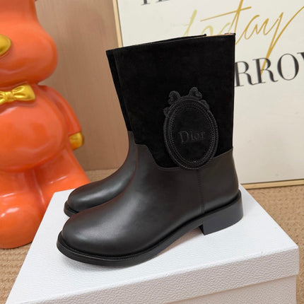 DIOR 26S MID CALF BOOTS IN BLACK CALFSKIN AND SUEDE WITH EMBROIDERED LOGO