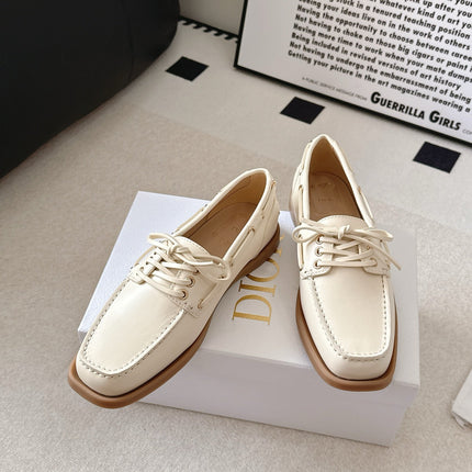 DIOR 26S LACE UP BOAT SHOES IN IVORY WHITE CALFSKIN GOLD HARDWARE