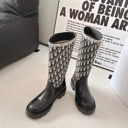 DIOR 26S OBLIQUE KNEE HIGH BOOTS IN BLACK CALFSKIN AND WHITE JACQUARD FABRIC