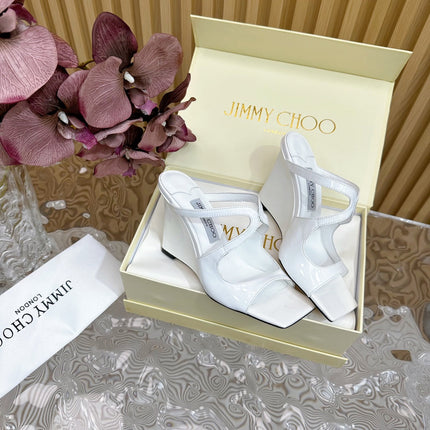 JIMMY CHOO 26S WEDGE SANDALS 105 MM IN WHITE GLOSSY CALFSKIN