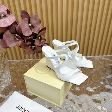 JIMMY CHOO 26S WEDGE SANDALS 105 MM IN WHITE GLOSSY CALFSKIN