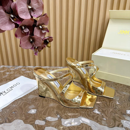 JIMMY CHOO 26S WEDGE SANDALS 105 MM IN GOLD METALLIC CALFSKIN