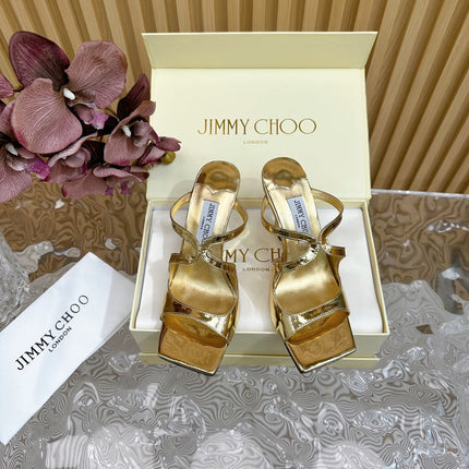 JIMMY CHOO 26S WEDGE SANDALS 105 MM IN GOLD METALLIC CALFSKIN