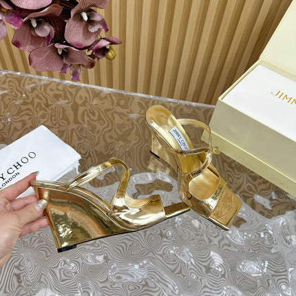 JIMMY CHOO 26S WEDGE SANDALS 105 MM IN GOLD METALLIC CALFSKIN
