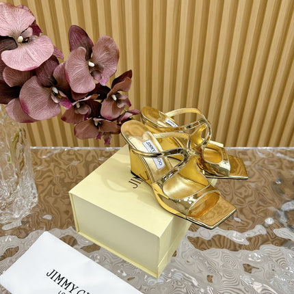 JIMMY CHOO 26S WEDGE SANDALS 105 MM IN GOLD METALLIC CALFSKIN