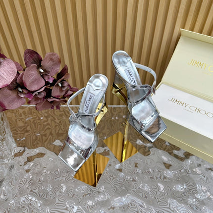 JIMMY CHOO 26S WEDGE SANDALS 105 MM IN SILVER METALLIC CALFSKIN