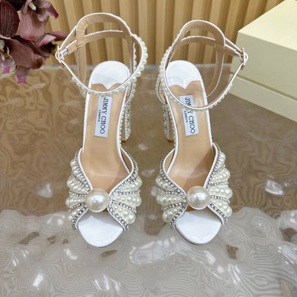 JIMMY CHOO 26S HEEL SANDALS 105 MM IN WHITE CRYSTAL AND PEARL