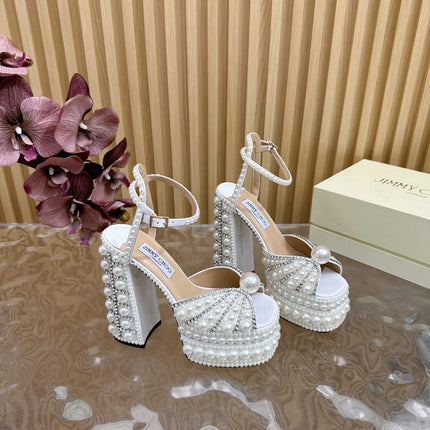 JIMMY CHOO 26S PLATFORM SANDALS 160 MM IN WHITE CRYSTAL AND PEARL