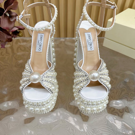 JIMMY CHOO 26S PLATFORM SANDALS 160 MM IN WHITE CRYSTAL AND PEARL