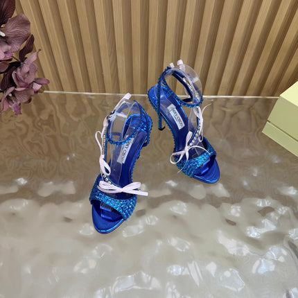 JIMMY CHOO 26S HEEL SANDALS 85 MM IN NAVY BLUE LEATHER WITH CRYSTAL EMBELLISHMENTS