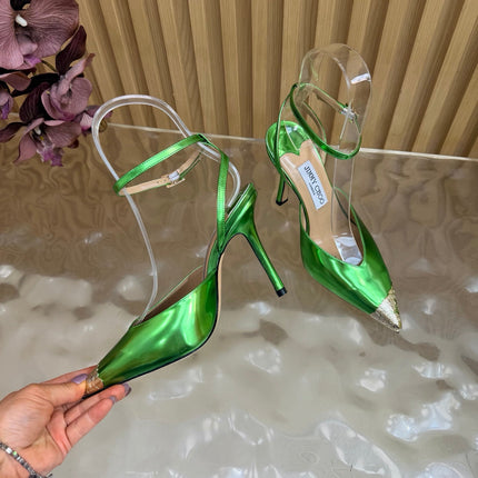JIMMY CHOO 26S SLINGBACK HEELS 85 MM IN METALLIC GREEN CALFSKIN WITH METAL TOE CAP