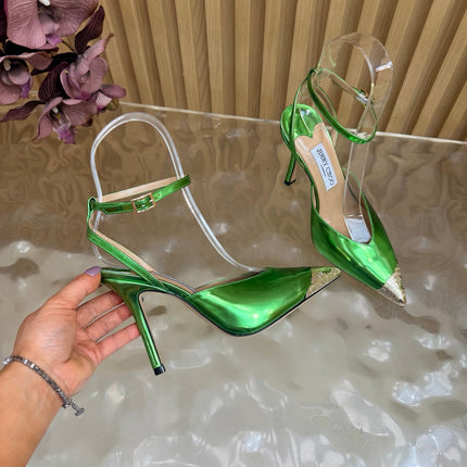 JIMMY CHOO 26S SLINGBACK HEELS 85 MM IN METALLIC GREEN CALFSKIN WITH METAL TOE CAP