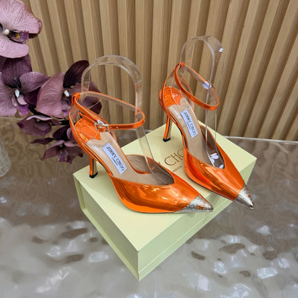 JIMMY CHOO 26S SLINGBACK HEELS 85 MM IN METALLIC ORANGE CALFSKIN WITH METAL TOE CAP