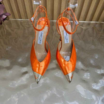 JIMMY CHOO 26S SLINGBACK HEELS 85 MM IN METALLIC ORANGE CALFSKIN WITH METAL TOE CAP