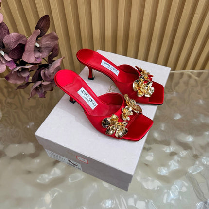 JIMMY CHOO 26S HEEL SANDALS 70 MM IN DARK RED SATIN WITH GOLD HARDWARE