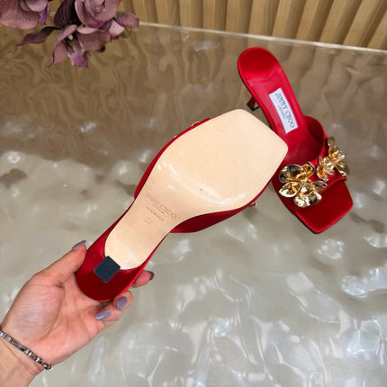 JIMMY CHOO 26S HEEL SANDALS 70 MM IN DARK RED SATIN WITH GOLD HARDWARE