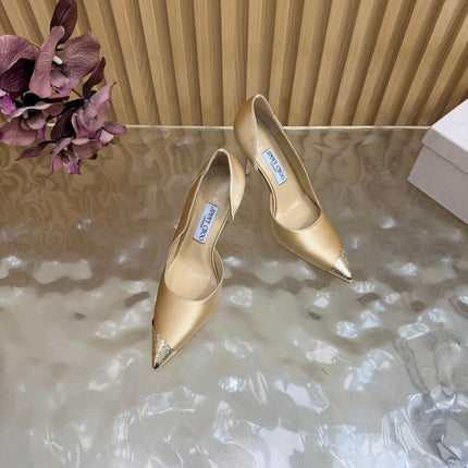 JIMMY CHOO 26S CUTOUT PUMPS 105 MM IN BEIGE SATIN WITH METAL TOE CAP