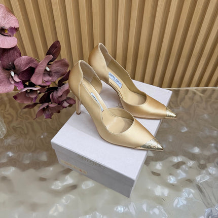 JIMMY CHOO 26S CUTOUT PUMPS 105 MM IN BEIGE SATIN WITH METAL TOE CAP
