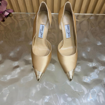 JIMMY CHOO 26S CUTOUT PUMPS 105 MM IN BEIGE SATIN WITH METAL TOE CAP