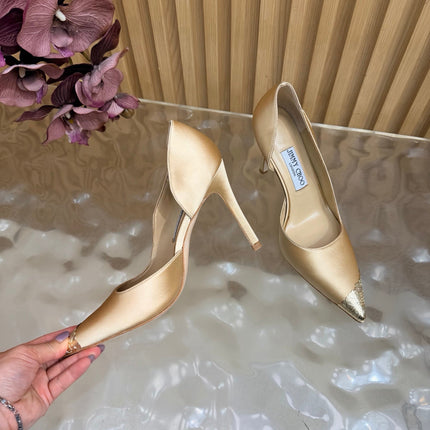 JIMMY CHOO 26S CUTOUT PUMPS 105 MM IN BEIGE SATIN WITH METAL TOE CAP