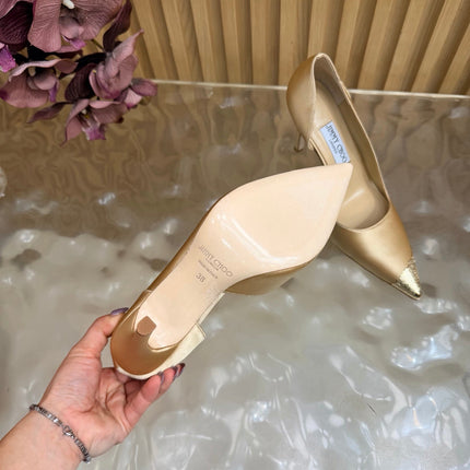 JIMMY CHOO 26S CUTOUT PUMPS 105 MM IN BEIGE SATIN WITH METAL TOE CAP
