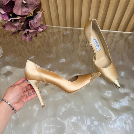 JIMMY CHOO 26S CUTOUT PUMPS 105 MM IN BEIGE SATIN WITH METAL TOE CAP