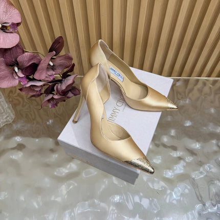 JIMMY CHOO 26S CUTOUT PUMPS 105 MM IN BEIGE SATIN WITH METAL TOE CAP