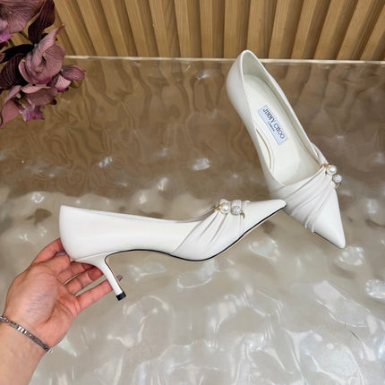 JIMMY CHOO 26S PLEATED POINTED TOE PUMPS 65 MM IN WHITE CALFSKIN
