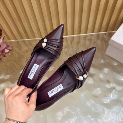 JIMMY CHOO 26S PLEATED POINTED TOE PUMPS 65 MM IN BURGUNDY CALFSKIN