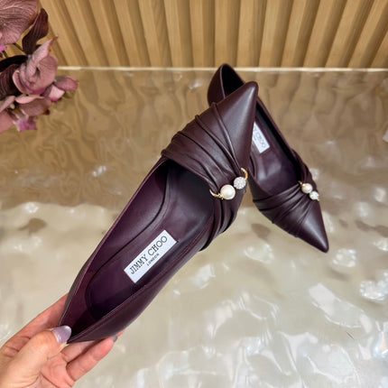JIMMY CHOO 26S PLEATED POINTED TOE PUMPS 65 MM IN BURGUNDY CALFSKIN