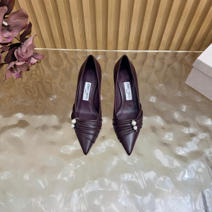JIMMY CHOO 26S PLEATED POINTED TOE PUMPS 65 MM IN BURGUNDY CALFSKIN