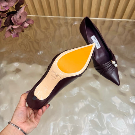 JIMMY CHOO 26S PLEATED POINTED TOE PUMPS 65 MM IN BURGUNDY CALFSKIN