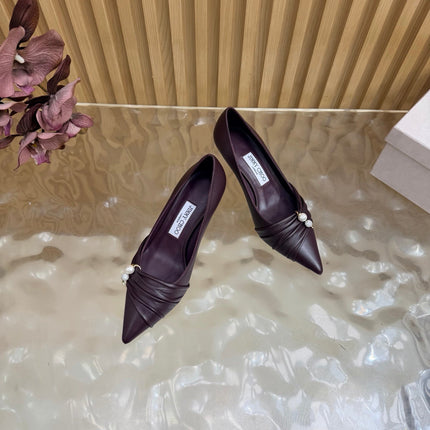JIMMY CHOO 26S PLEATED POINTED TOE PUMPS 65 MM IN BURGUNDY CALFSKIN