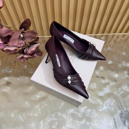 JIMMY CHOO 26S PLEATED POINTED TOE PUMPS 65 MM IN BURGUNDY CALFSKIN