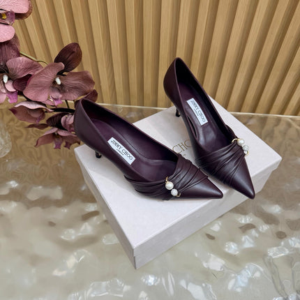 JIMMY CHOO 26S PLEATED POINTED TOE PUMPS 65 MM IN BURGUNDY CALFSKIN