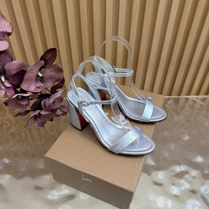CHRISTIAN LOUBOUTIN 26S SQUARE-HEEL SANDALS 85 MM IN SILVER CALFSKIN