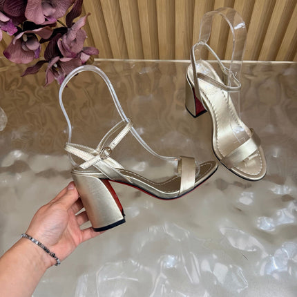 CHRISTIAN LOUBOUTIN 26S SQUARE-HEEL SANDALS 85 MM IN LIGHT GOLD CALFSKIN