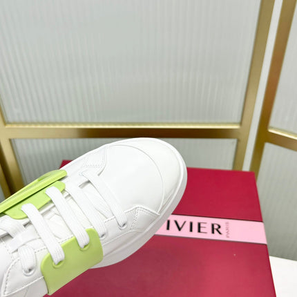 VIV' SKATE SNEAKERS IN WHITE CALFSKIN LIGHT NEON GREEN GLITTER STRAP AND CRYSTAL BUCKLE