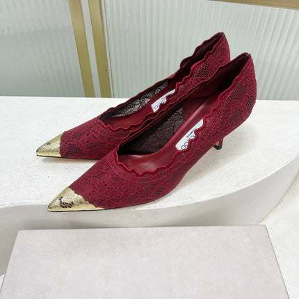 JIMMY CHOO 26S HIGH HEELS 65 MM IN DARK RED LACE WITH METAL TOE CAP