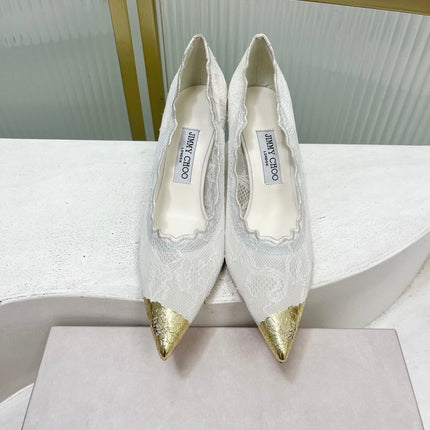 JIMMY CHOO 26S HIGH HEELS 65 MM IN WHITE LACE WITH METAL TOE CAP