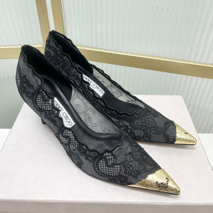 JIMMY CHOO 26S HIGH HEELS 65 MM IN BLACK LACE WITH METAL TOE CAP