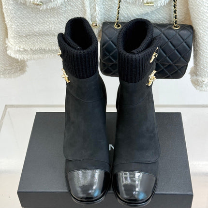 CHANEL 26S KNIT CUFF ANKLE BOOTS IN BLACK SUEDE WITH CALFSKIN CAP TOE GOLD HARDWARE