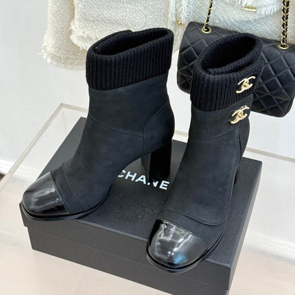 CHANEL 26S KNIT CUFF ANKLE BOOTS IN BLACK SUEDE WITH CALFSKIN CAP TOE GOLD HARDWARE