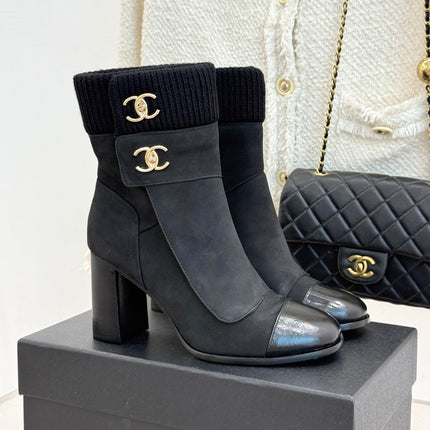 CHANEL 26S KNIT CUFF ANKLE BOOTS IN BLACK SUEDE WITH CALFSKIN CAP TOE GOLD HARDWARE