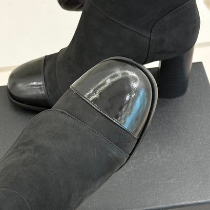 CHANEL 26S KNIT CUFF ANKLE BOOTS IN BLACK SUEDE WITH CALFSKIN CAP TOE GOLD HARDWARE