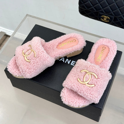 CHANEL 26S SLIDE SANDALS IN LIGHT PINK TEDDY FLEECE GOLD HARDWARE